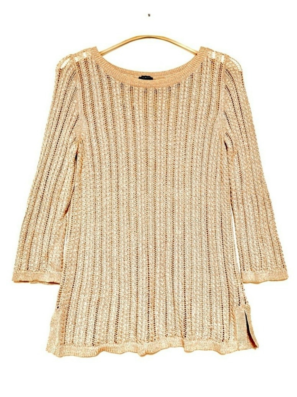 Talbots Metallic Gold Linen Blend Tunic Sweater M Cable Knit Holiday Christmas